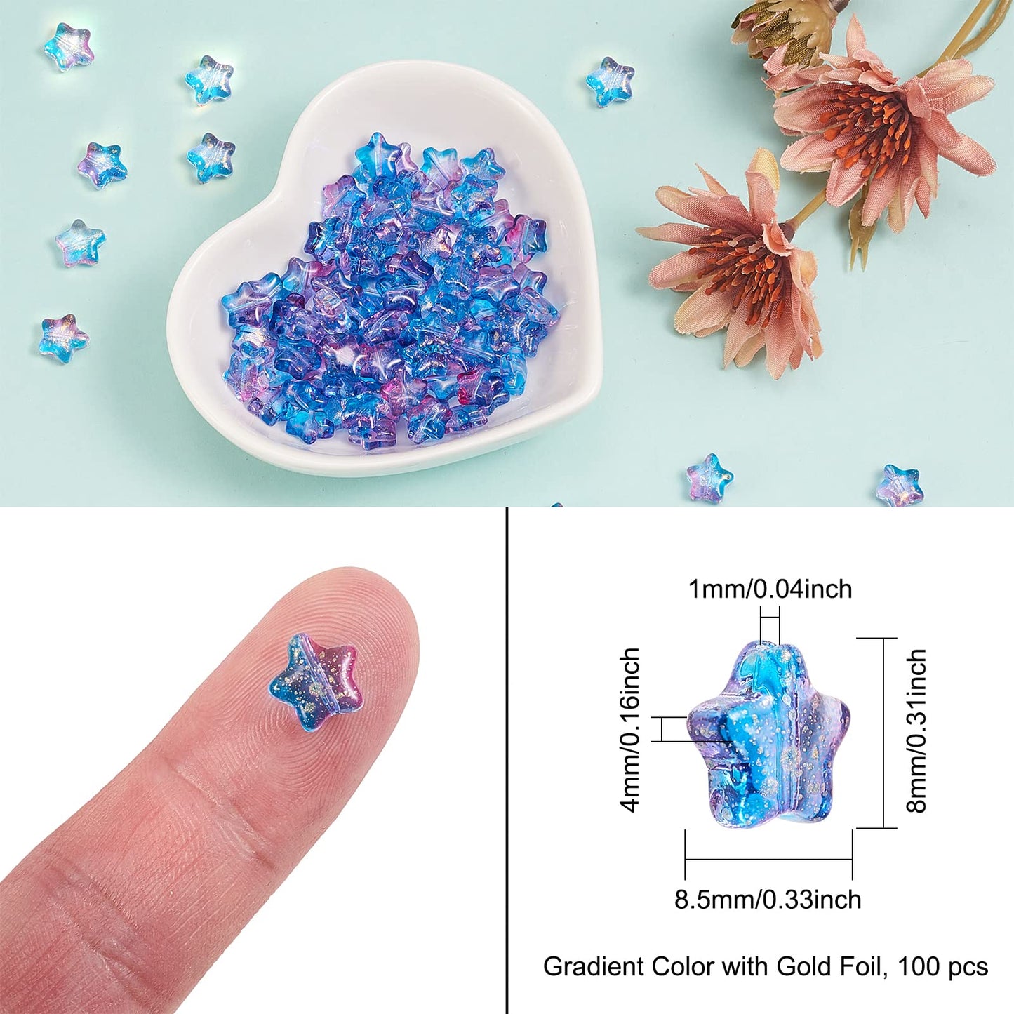 UR URLIFEHALL 100 Pcs Spray Painted Glass Star Beads with Gold Foil Drilled Glass Beads for Earring Bracelet Necklace Jewelry DIY Making