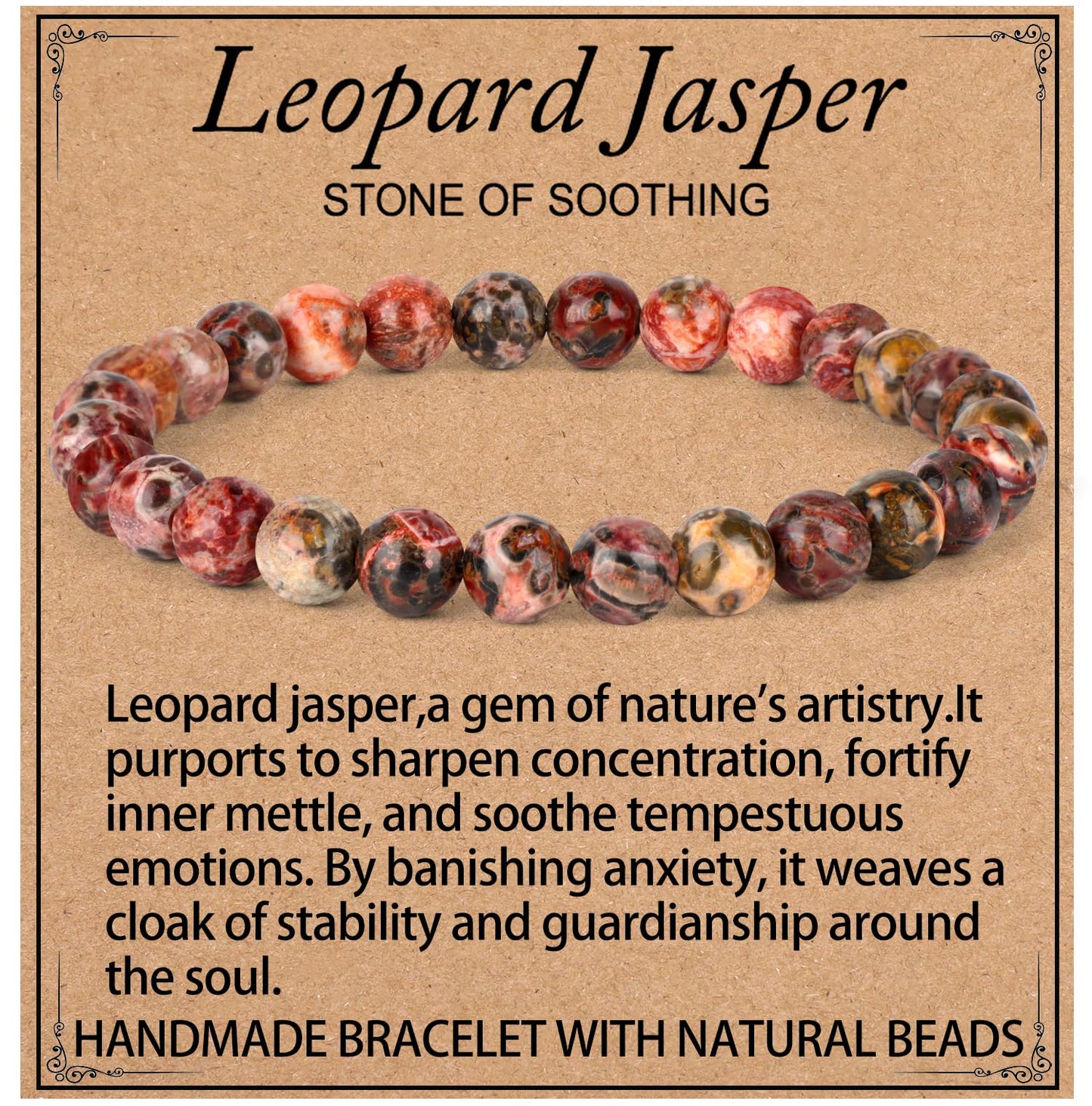 LPBeads Handmade Natural Gemstone Stretch Elastic 6mm Leopard Jasper Bracelet Healing Crystal Round Stone Beads Jewelry Gifts for Women Men