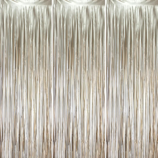 Voircoloria Matte Champagne Foil Fringe Backdrop Curtains - 3 Pack of 3.3 x 8.2 ft Tinsel Streamers for Parties