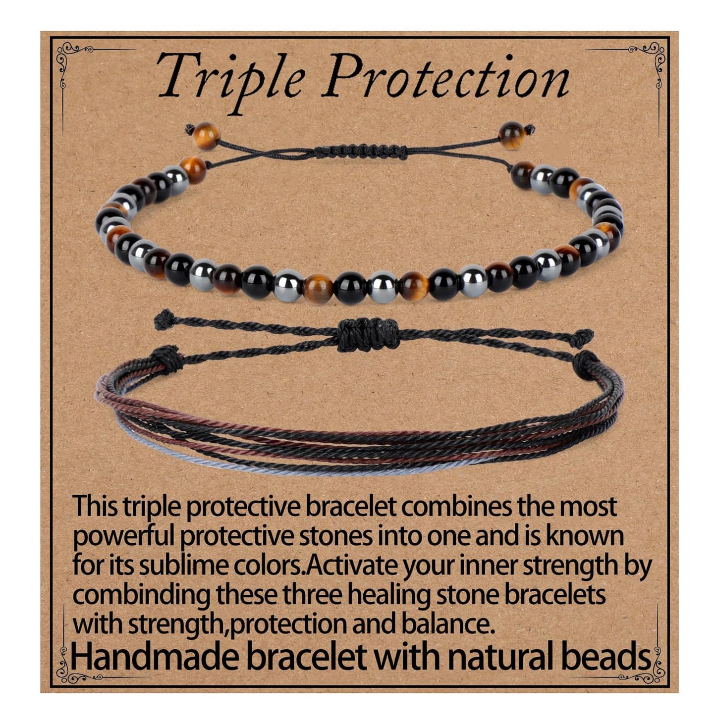 LPBeads 4mm Onyx Tiger's eye Hematite Mixed stone Bracelet with Handmade Rope Bracelet Size Adjustable Natural Stone Crystal Healing Bracelets Gifts for Unisex Adults