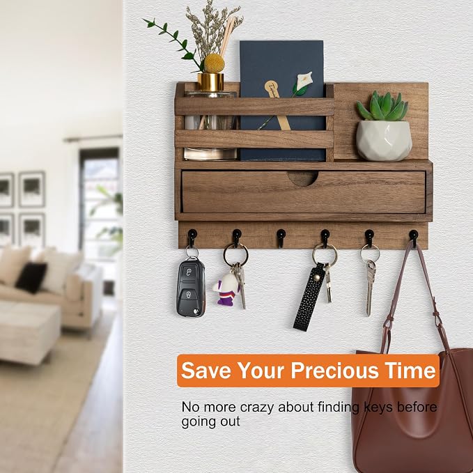 dreampossible Key and Mail Holder for Wall, Mail Organizer Wall Mount with 6 Hooks and Storage Drawer, Wooden Key Rack Hanger with Shelf for Entryway and Home Decor