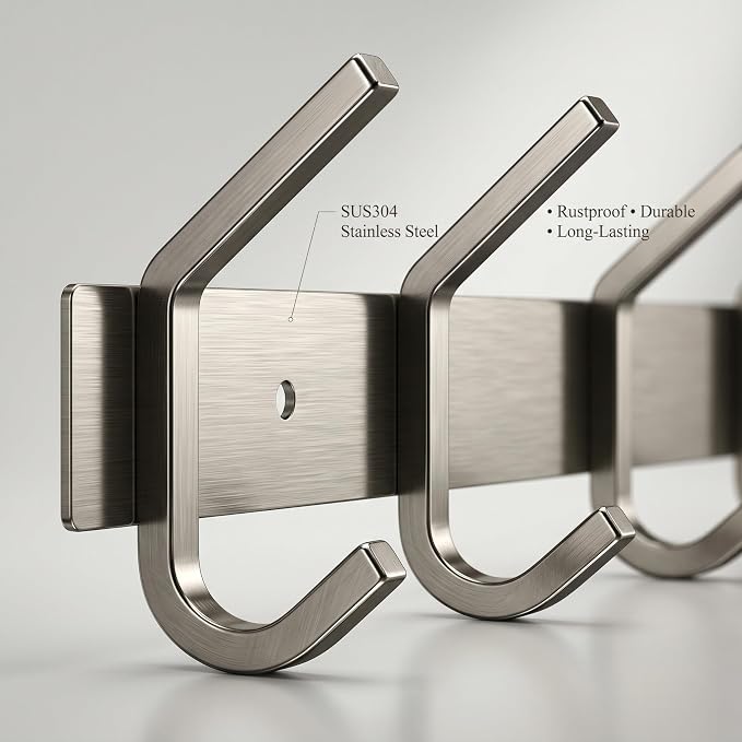 Coat Rack Wall Mount – Brushed Nickel 24 Inch Stainless Steel Hook Rail with 8 Heavy Duty Double Coat Hooks – Wall Mounted Coat Hanger for Entryway, Bathroom, Bedroom, Towel, Hat Organizer