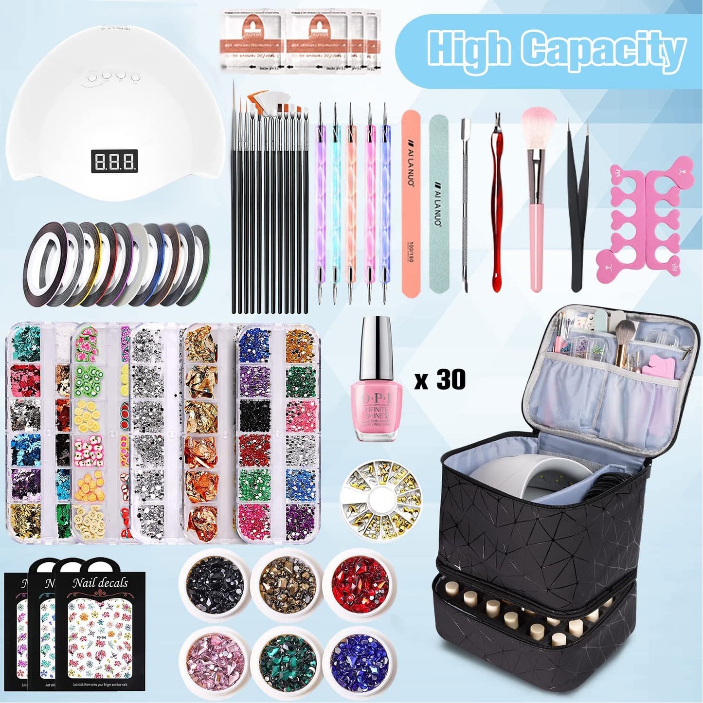 CTWWFS PU Leather Nail Polish Organizer and Nail Lamp Case, Nail Kit Organizer Holds 30+ Bottles (15ml - 0.5 fl.oz) and a Nail Lamp, Nail Polish Carrying Case with Manicure Tools Storage Sections