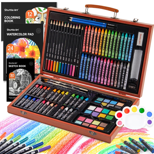 Shuttle Art 106 Piece Deluxe Art Set, Art Supplies in Wooden Case, Painting Drawing Art Kit with Crayons Colored Pencils Oil Pastels Watercolor Cakes Coloring Book Sketch Pad for Kids Adults