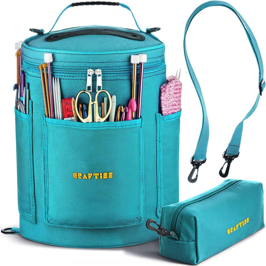 CRAFTISS Knitting Bag Yarn Storage - Mothers Day Gift - Durable Canvas Yarn Holder for Crochet Accessories - Organizer Crochet Bag with Knitting Accessories Case (Turquoise)