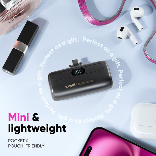 TONOKI 5000mAh USB-C Portable Charger - for iPhone 17/16/15, Android (Samsung, Pixel, Motorola, OnePlus, Xiaomi, LG) and Other USB-C Devices - Mini Power Bank with LED Display (Black, USB Type C)