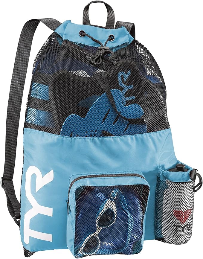 TYR Big Mesh Mummy Backpack for Swim, Gym and Workout Gear, BLue, 40-Liter Capacity