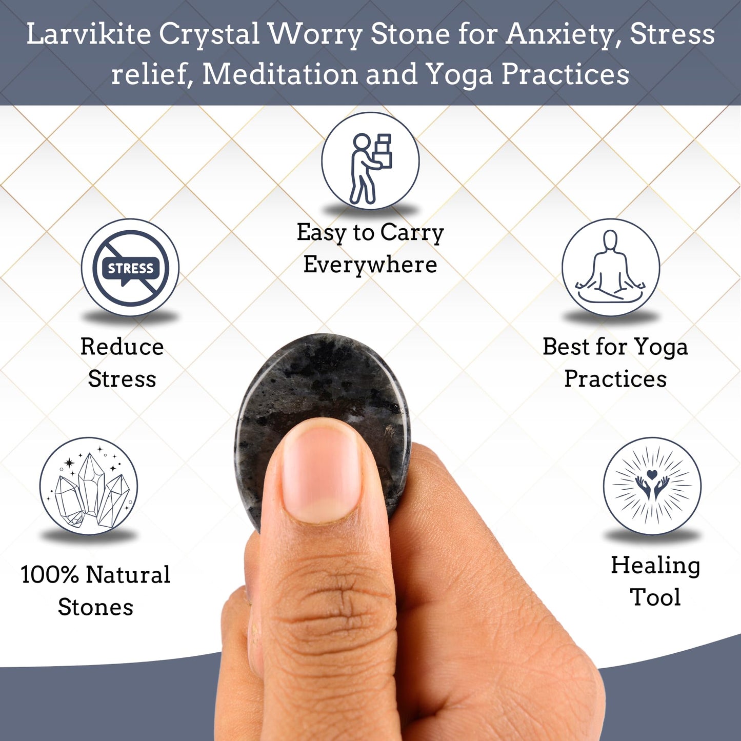Anaya Agate Larvikite Worry Stones Certified Crystal Thumb Worry Stone for Anguish, Relaxing and Soothing Balance Stones for Meditation, Stress Relief Crystals and Healing Stones for Men, Women