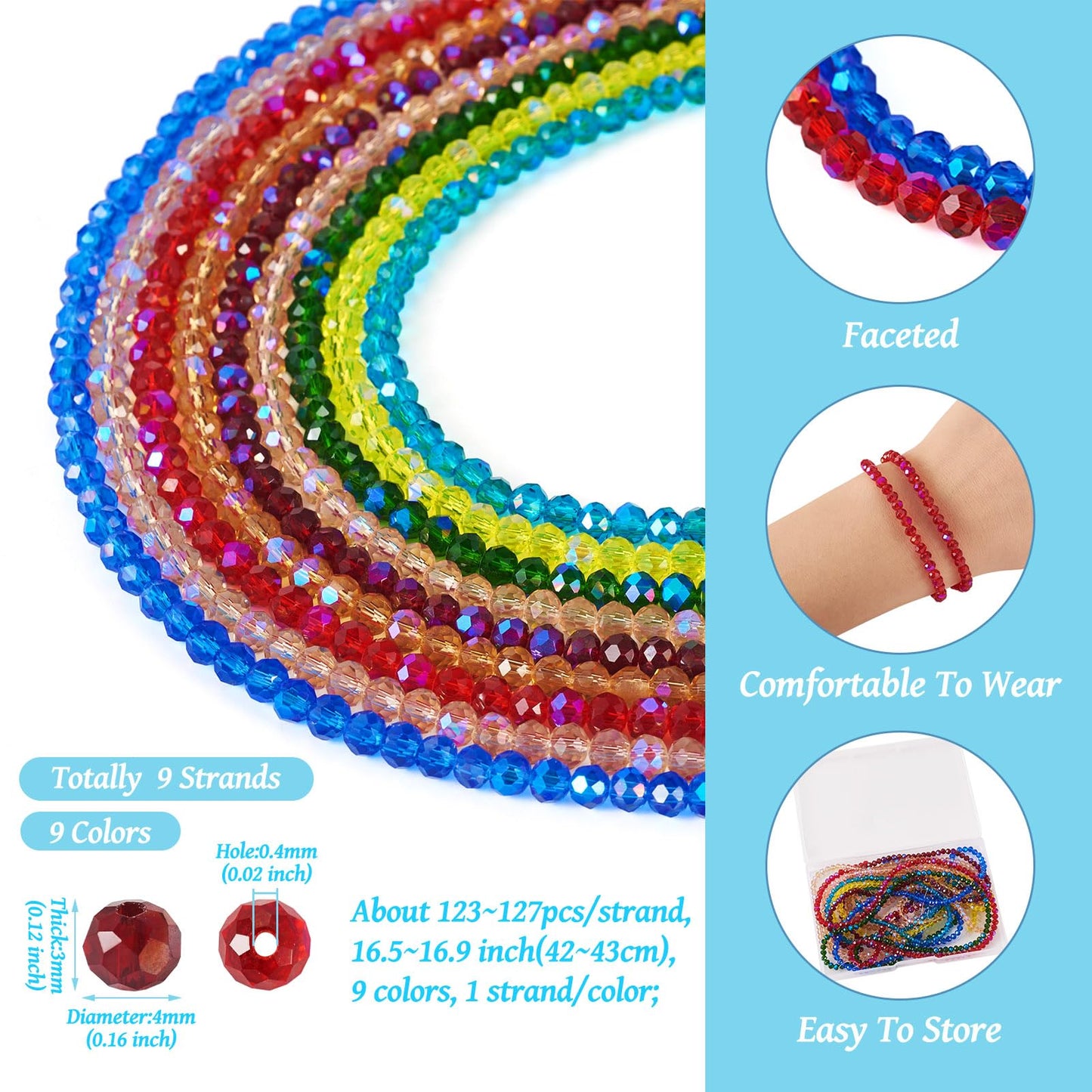 Elecrelive 1110pcs 4mm Glass Rondelle Beads Faceted Glass Beads Transparent Electroplate Glass Beads Mixed Color for DIY Beading Bracelet Necklace Jewelry Making