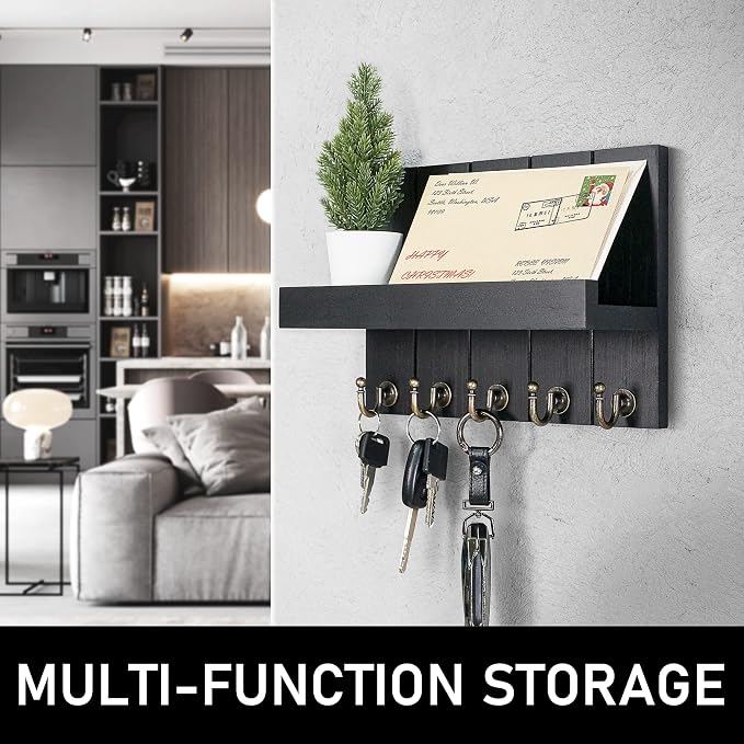 Rebee Vision Farmhouse Key Holder Wall Mount - Modern Key Holder for Living Room and Mail Organizer with Shelf & Hooks for Apartment Essentials - Home Decor Aesthetic (Black, 3.54"D x 10"W x 7.28"H)