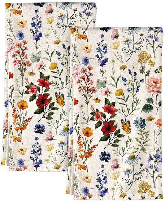 Miss Adola Flour Sack Kitchen Towels - Set of 2 Spring Dish Towels with Hanging Loop 18x26 Inch Absorbent Reusable Cotton Cloths for Cleaning Cute Design Home Decorative Housewarming, Vintage Flower
