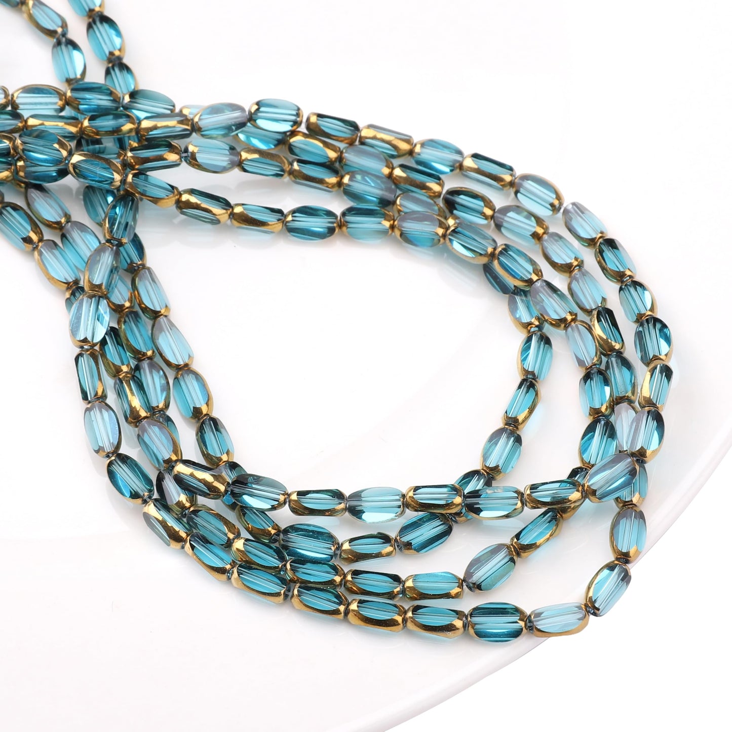 DADIFEN Glass Rice Beads Clear Lake Blue 4x6mm 50pcs Faceted Oval Golden Edge Crystal Loose Beads for DIY Craft Jewelry Making