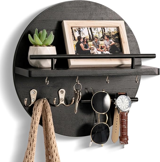 dreampossible Key Holder for Wall Decorative with Shelf and Hooks, Mail Organizer Wall Mount, Circular Design Entryway Key Rack Hanger, Rustic Home Decor (Black)