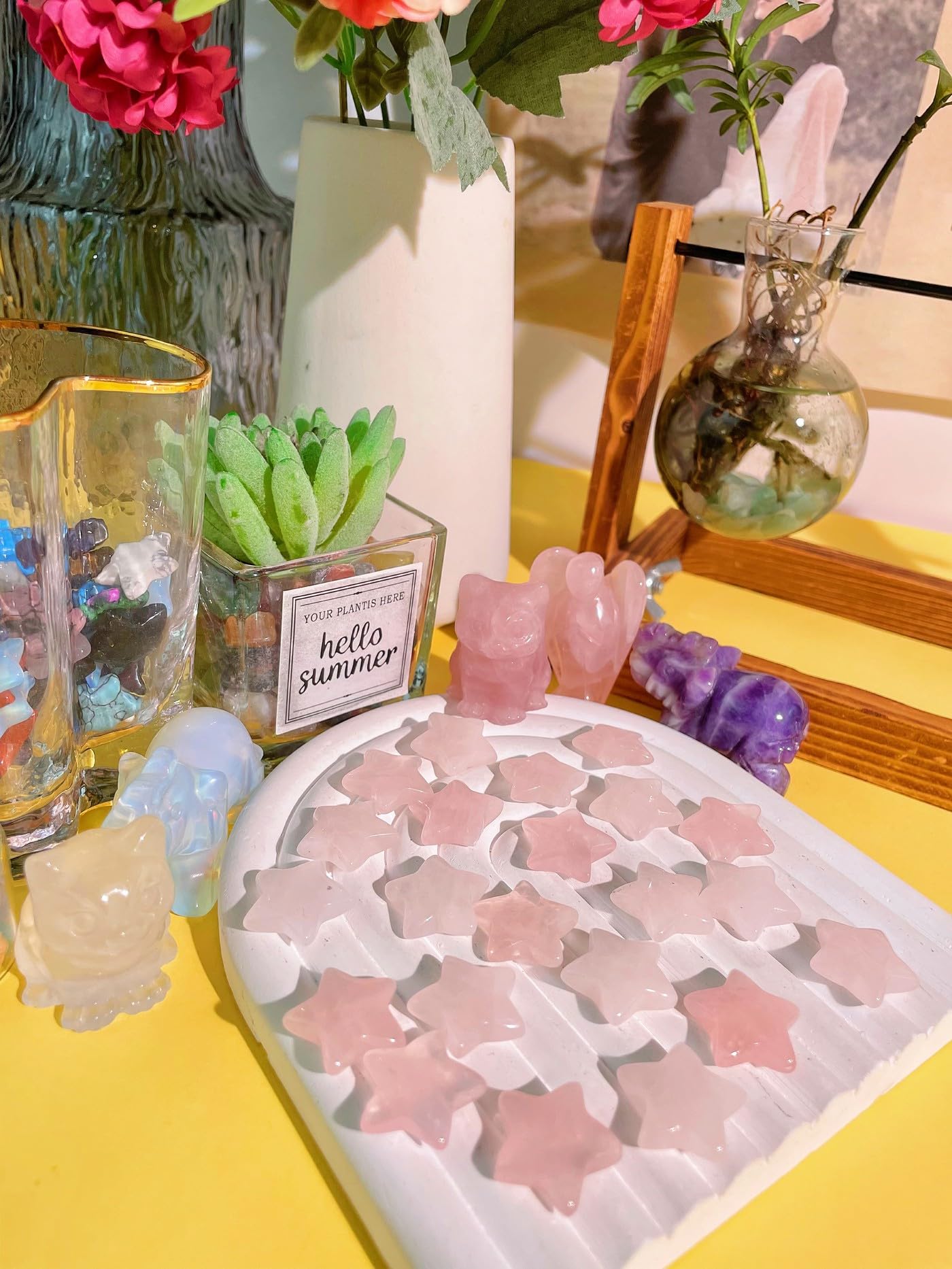 DUQGUHO 20 Pcs Rose Quartz Crystals Star Natural Healing Crystal Set Polished Stone Protection Sacred Meditation Energy Reiki Balancing Crystal