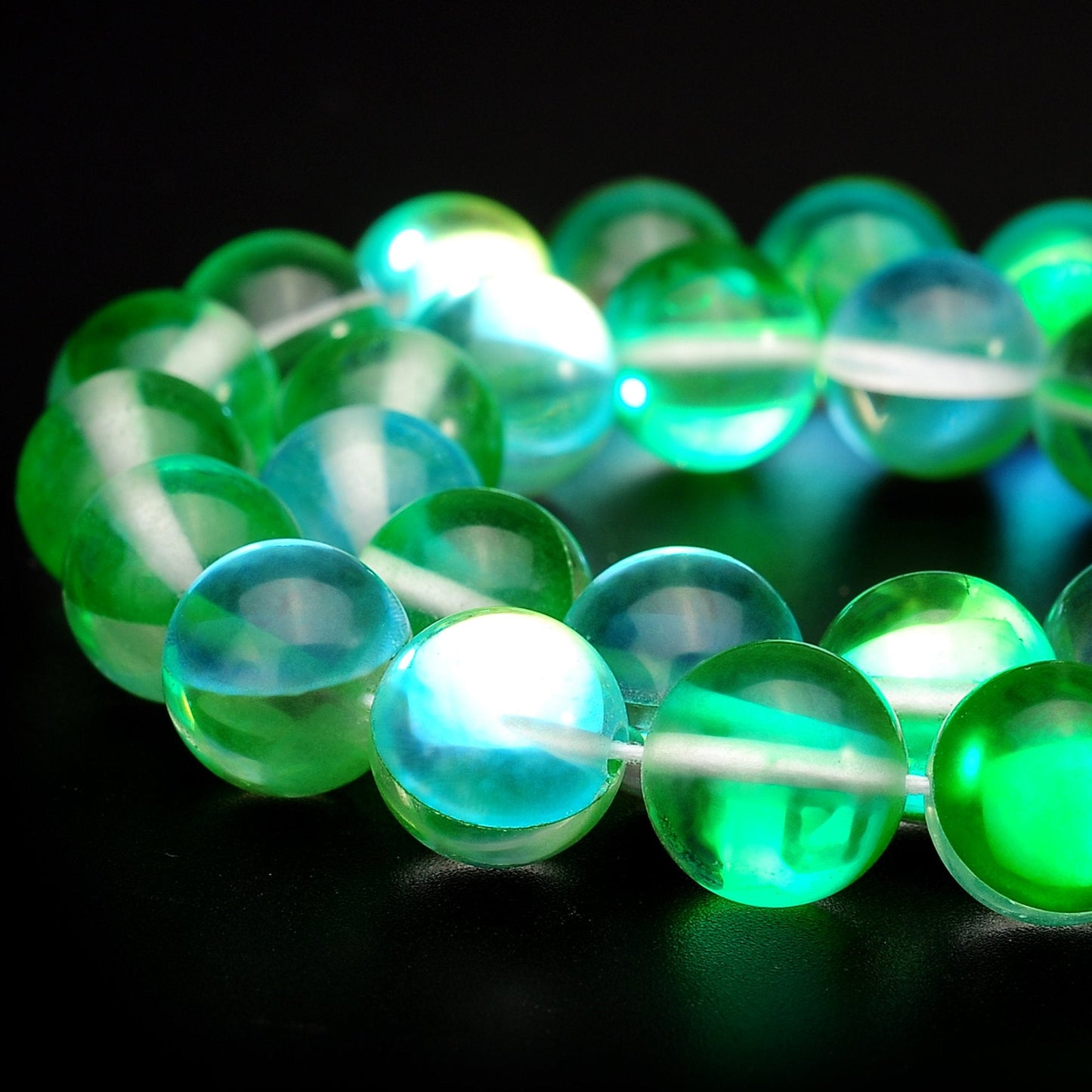 RUBYCA Round Moonstone Crystal Glass Beads Aura Iridescent for Jewelry Making (1 Strand, 6mm, Green)