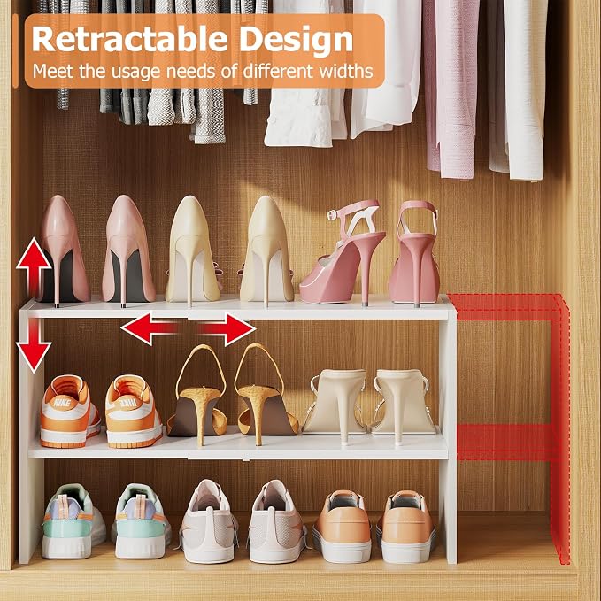 X-cosrack 2-Tier Shoe Rack Organizer for Closet, Expandable and Adjustable White Shoe Rack, Stackable Iron Wood Combination Shoe Storage Shelves for Closets, Entryway, Small Space, Hallway, Garage