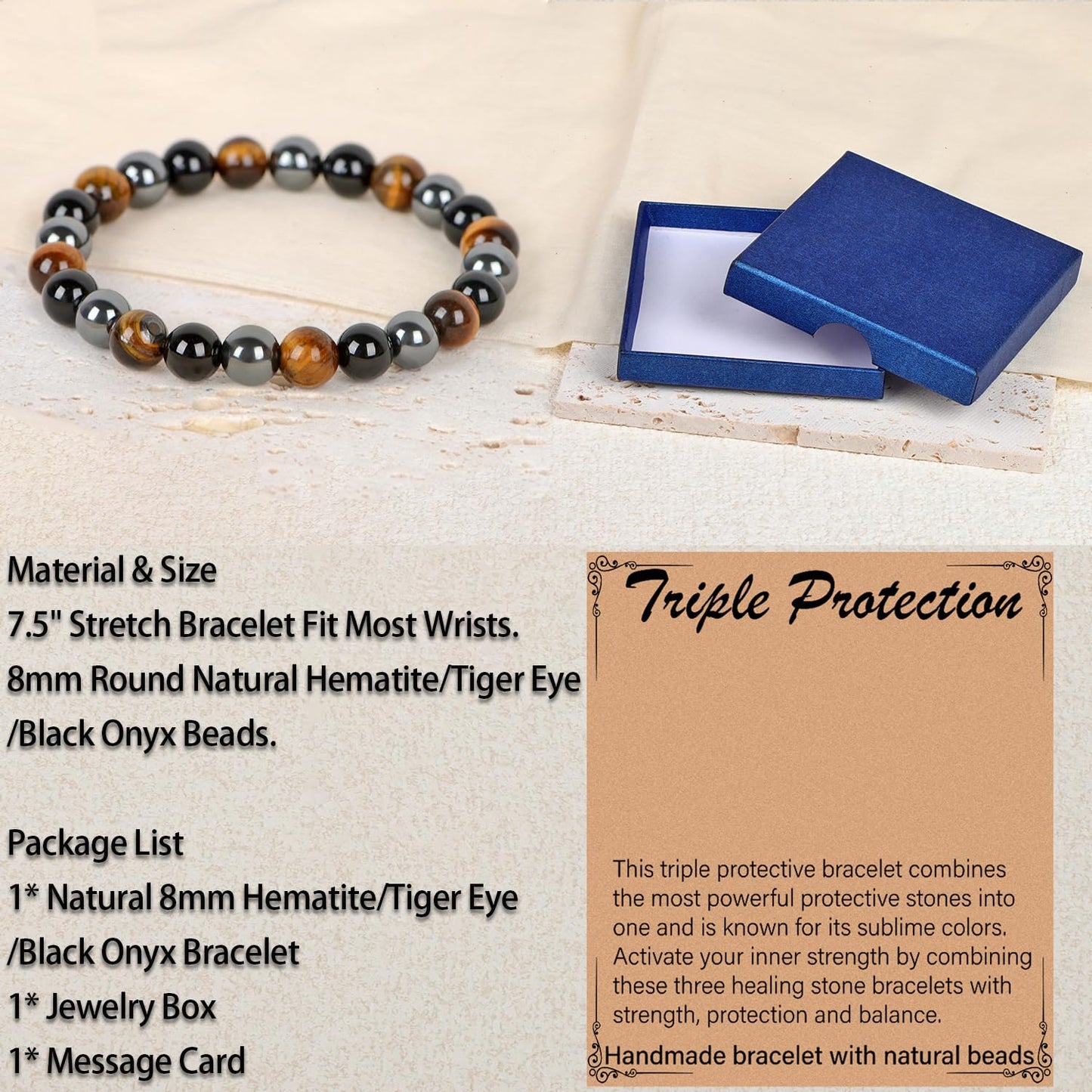 LPBeads Handmade Natural Gemstone Stretch Elastic 8mm Onyx Tiger Hematite Mixed Stone Bracelet Healing Crystal Round Stone Beads Jewelry Gifts for Women Men