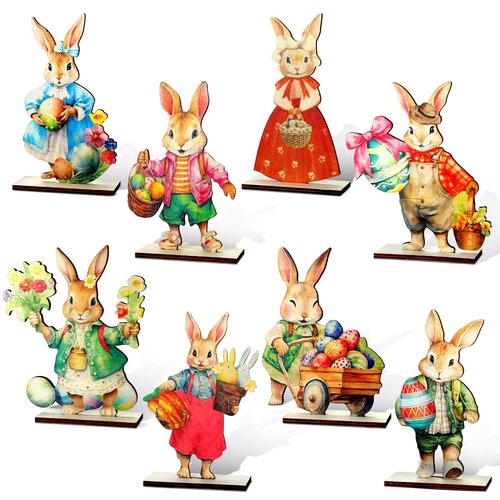 DoubleFill 8 Pcs Large Easter Table Decoration 9.51 In Vintage Easter Bunny Wooden Table Centerpiece Retro Rabbit Tabletop Sign Rustic Farmhouse Tiered Tray Decor for Spring Home Office Party Supplies