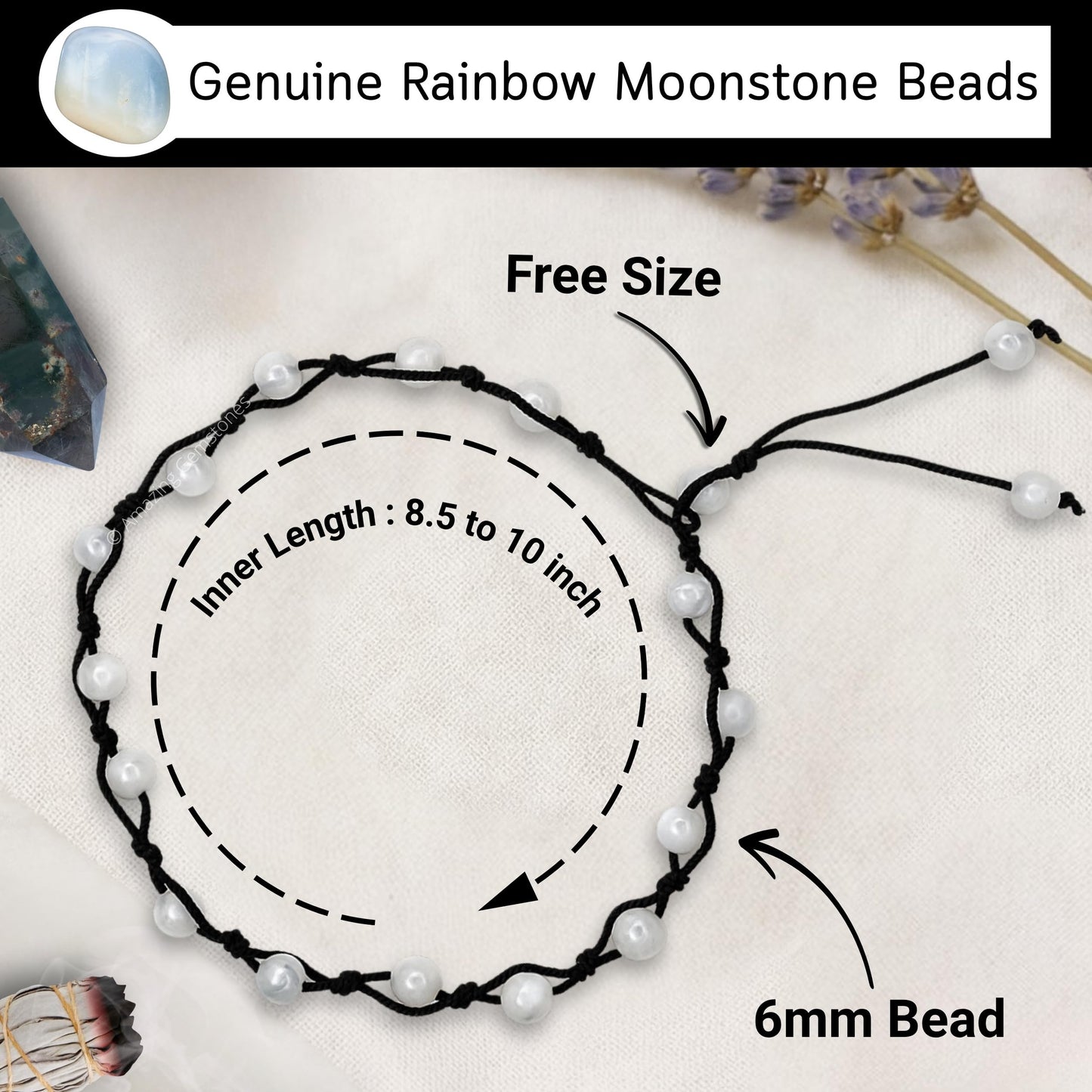Amazing Gemstone Rainbow Moonstone Anklet Ankle Bracelets for Women - Waterproof Beaded Healing Crystal Anklets, Plus Size Chakra Gemstone Bead Anklet (Stretchy Adjustable - Hand Knotted)