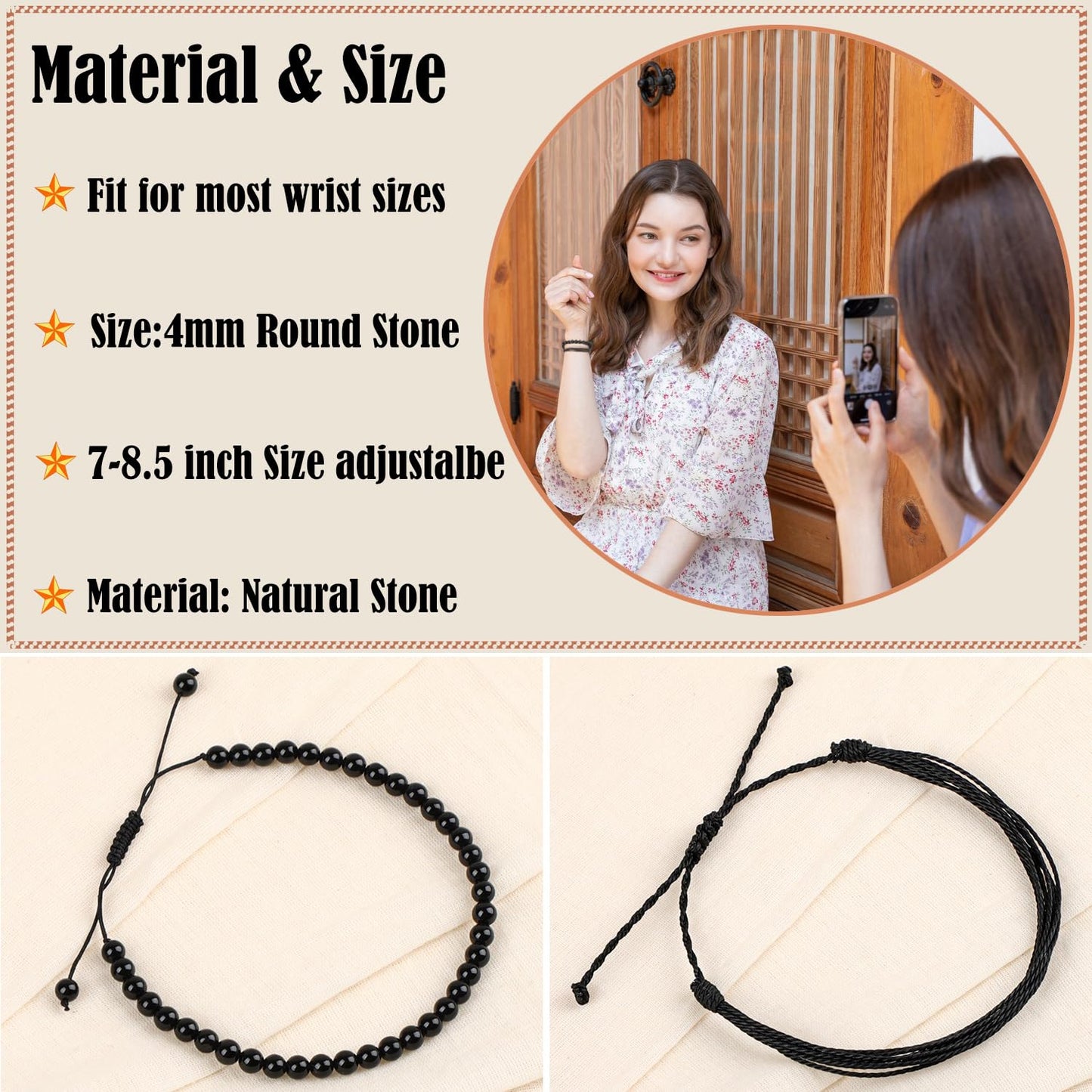 LPBeads 4mm Black Tourmaline Bracelet with Handmade Rope Bracelet Size Adjustable Natural Stone Crystal Healing Bracelets Gifts for Unisex Adults