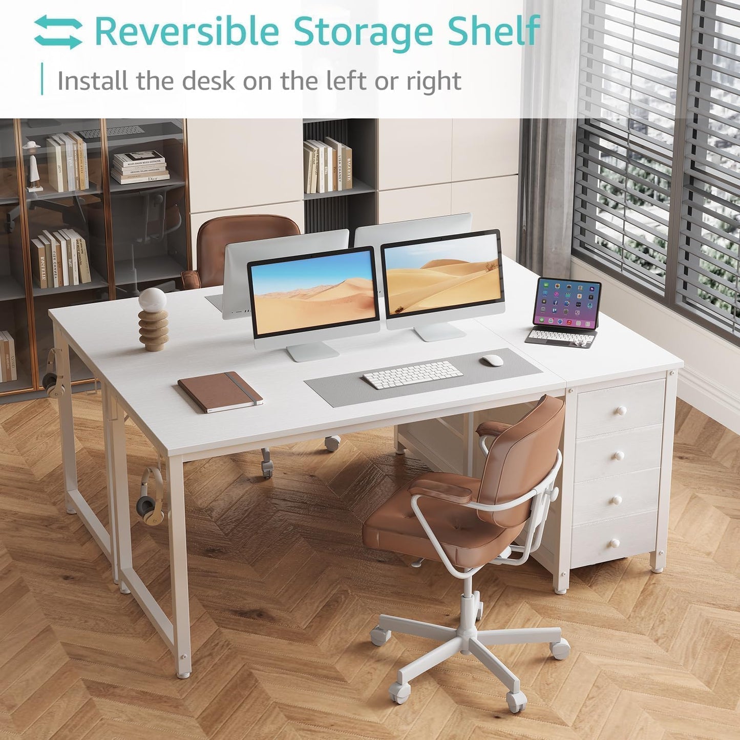 Lufeiya White Computer Desk with Drawers - 55 Inch Long Study Work Writing Desk for Home Office Bedroom, Reversible Simple Modern Cute PC Desks with Fabric Drawer, White