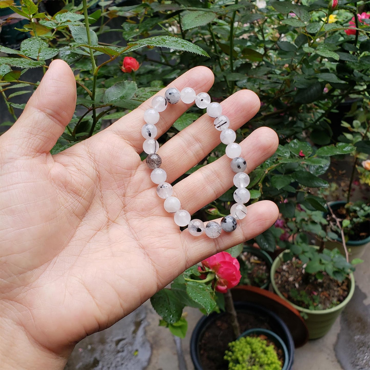 chengmu 8mm Black Rutilated Quartz Stretch Bracelet, Natural Gemstone Round Stone Crystal Beads for Beaded Elastic Bracelet 7.5"