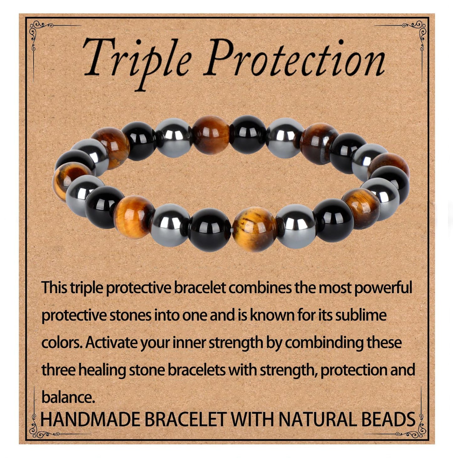 LPBeads Handmade Natural Gemstone Stretch Elastic 8mm Onyx Tiger Hematite Mixed Stone Bracelet Healing Crystal Round Stone Beads Jewelry Gifts for Women Men