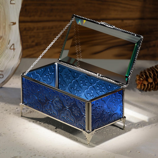 DHCGPP Glass Vintage Jewelry Box Keepsake storage Trinket Ring Display Box Home Decor Embossed Clear Glass Box Organizer(6.5x3.5x3.3Inches)