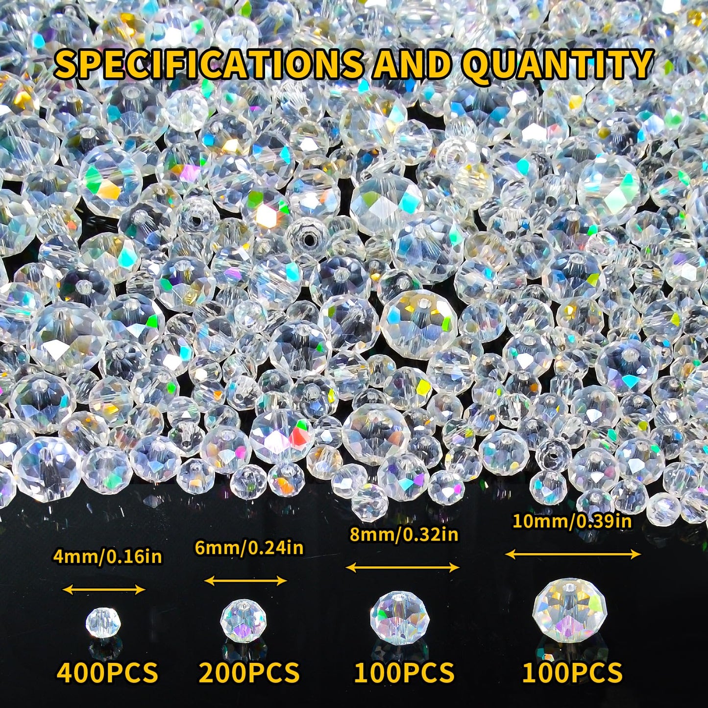 Laopottbeads 800Pcs 4/6/8/10mm Crystal Glass Beads for Jewelry Making Beads for Bracelets Necklace Pendants Making Supplies(White AB Color)