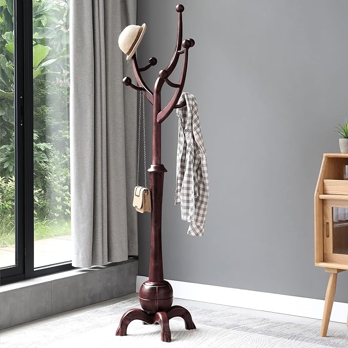 Bekrvio Freestanding Wood Coat Rack with Stable Sphere Base, Wine Red | 8 Hooks Tree Branch Design, Heavy Duty Standing Coat Hanger for Entryway, Hallway, Bedroom, Foyer; Hangs Coats, Hats, Bags