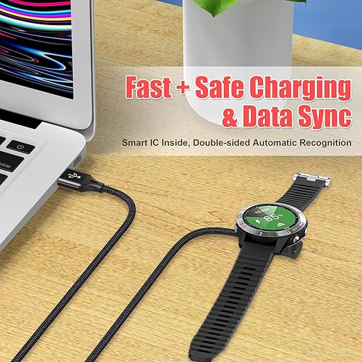 AGVEE 2 Pack 6.6ft Charger for Garmin Watch, L-Shape Charging Cable for Fenix, Forerunner, Vivoactive, Instinct, Venu, Tactix, Approach, D2, Quatix Series, Right Angle Braided, Black