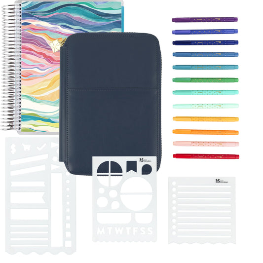 Erin Condren Undated Layers Colorful Coiled LifePlanner Bundle, Coiled Undated Planner with Layers Design, Dual-Tip Markers 12-Pack, Premium Planny Pack, and Planning Bookmark Stencils 3-Pack