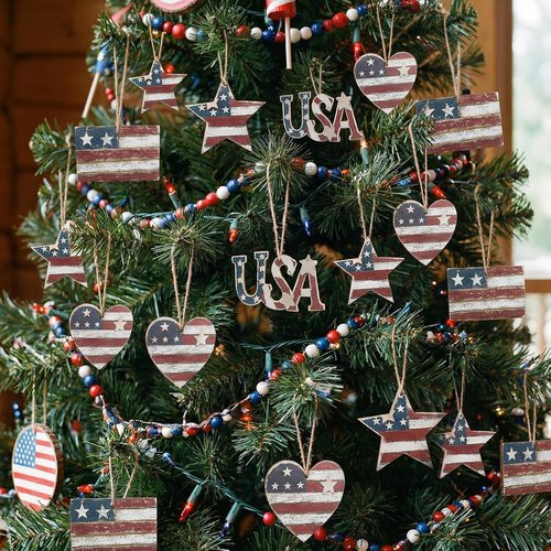 Junkin 24 Pcs 4th of July Wooden Ornaments - Vintage Patriotic Tree Decorations in Red, White & Blue
