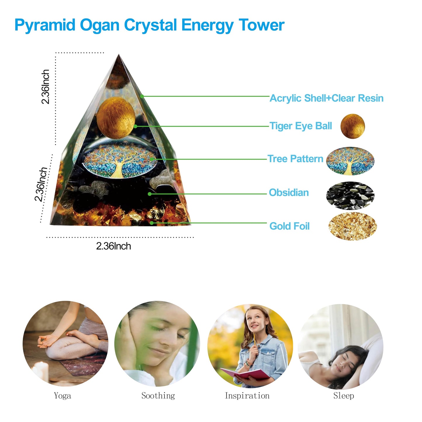 ycyingcheng Moonstone Crystal Orgone Pyramid Ogan Crystal Energy Tower, Nature Reiki Chakra Crushed Stone Jewelry, Crystal Pyramid for Home Decor (Obsidian)