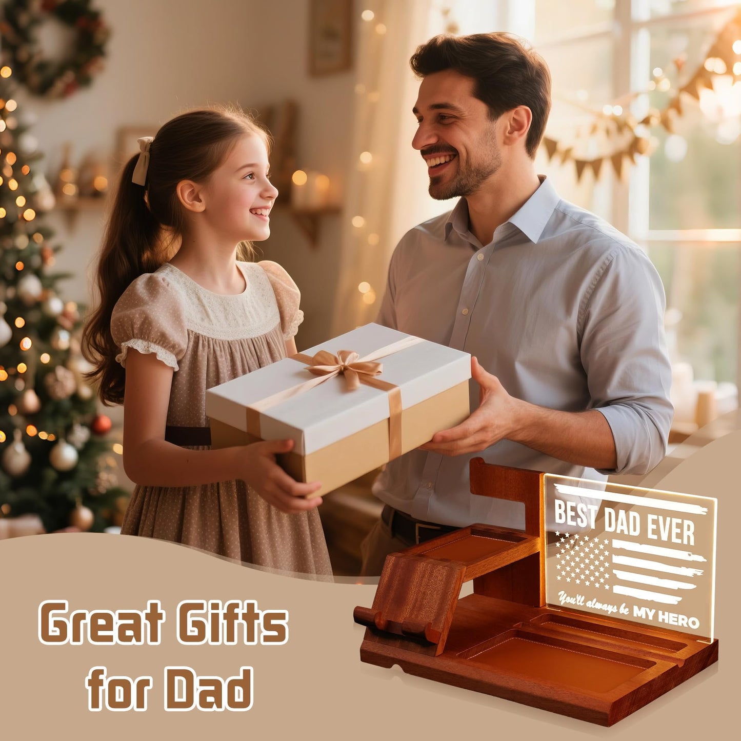 Attivolife Gifts for Dad Men Husband, LED Phone Docking Station Desk Organizer, Cell Phone Stand with Night Light, Best Dad Ever Gift for Father's Day, Key Holder, Stand for Wallet Watch Essentials