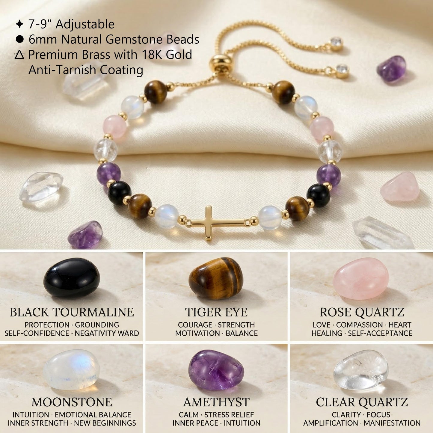 Aghfacy Christian Gifts for Mom Cross Bracelet Natural Gemstone Crystal Bracelet Gold Cross Charm Birthday Gifts for Mom Religious Gift Adjustable with Message Card
