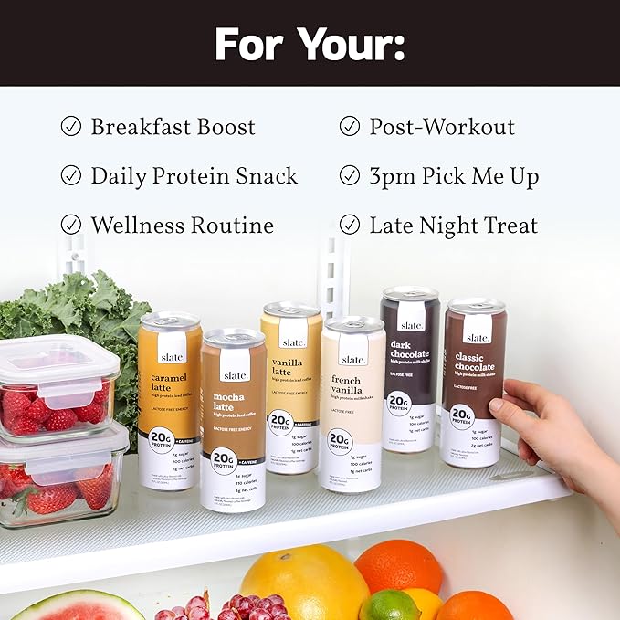 Slate Milk - High Protein Milk Shake - Classic Chocolate - Lactose Free, 20g Protein, 1g Sugar, 100 Calories, 2g Net Carbs, No Added Sugar - Natural, Breakfast Boost, Post Workout - 11 fl oz, 24 Cans