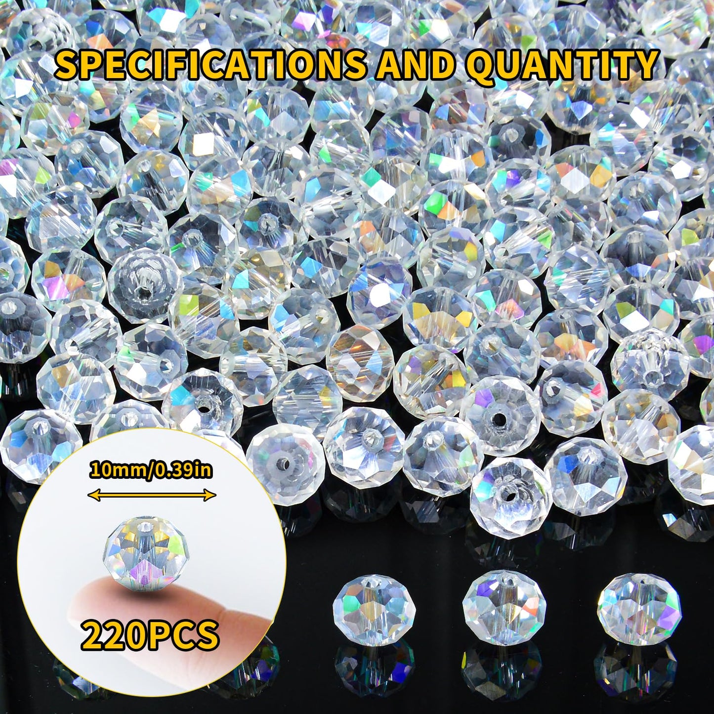 Laopottbeads 220Pcs 10mm Crystal Glass Beads for Jewelry Making Beads for Bracelets Necklace Pendants Making Supplies(White AB Color)