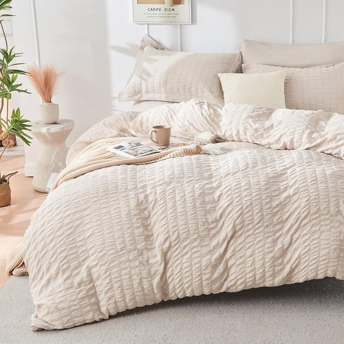 HYMOKEGE California King Comforter Set - Luxury 7-Piece Seersucker Bedding in Beige for All Seasons
