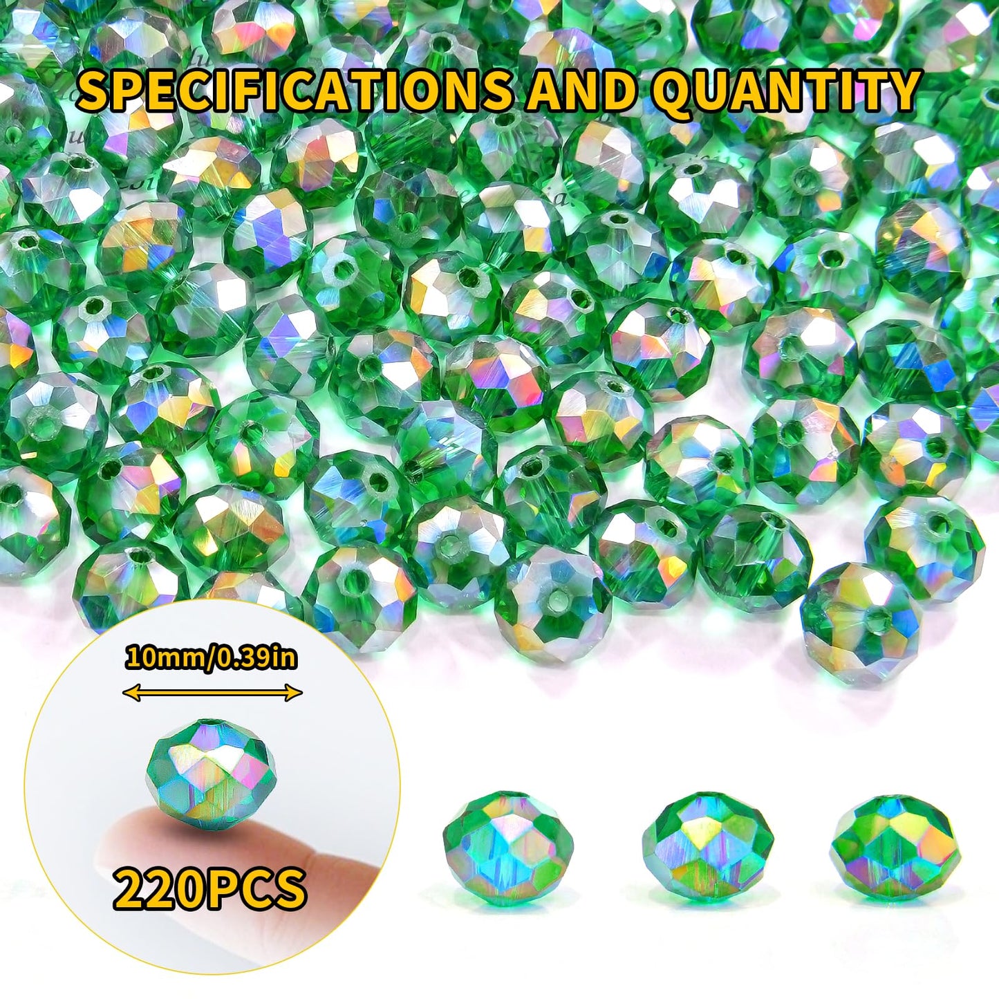 Laopottbeads 220Pcs 10mm Crystal Glass Beads for Jewelry Making Beads for Bracelets Necklace Pendants Making Supplies(Malachite Green)