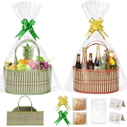 Gift Baskets Empty Hamper Basket 2 Color Gift Box DIY Gift Hamper Sets with 2 Bags,2 Bows ,2 Greeting Card and Raffia Birthday Present,Easter, Christmas , Graduations, Wedding Thanksgiving Gift Kit