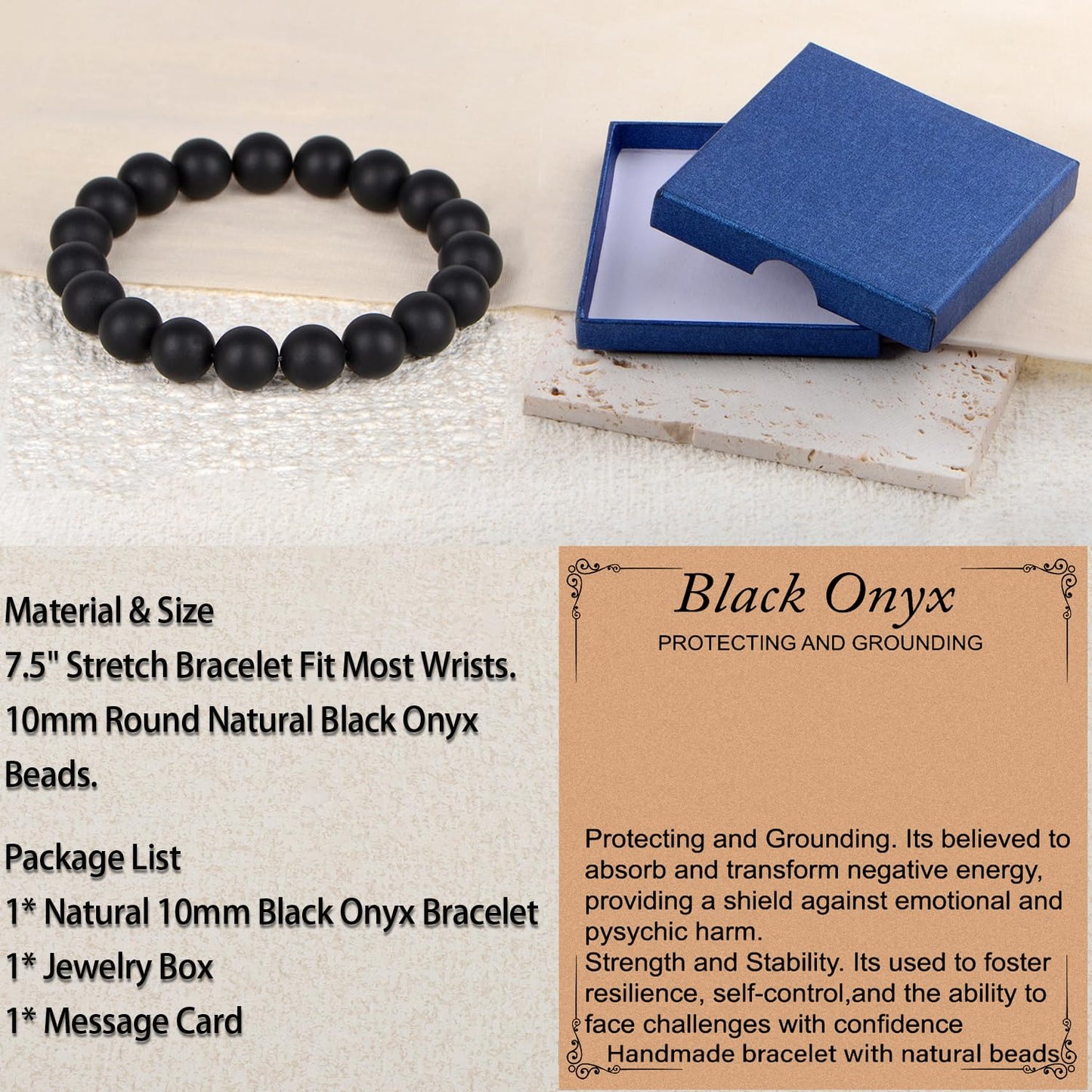 LPBeads Handmade Natural Gemstone Stretch Elastic 10mm Matte Black Onyx Bracelet Healing Crystal Round Stone Beads Jewelry Gifts for Women Men