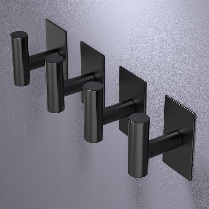 VAEHOLD Wall Towel Hooks, Heavy Duty Sticky Holder Waterproof Towel Hooks for Hanging Coat, Clothes, Closet Hook Wall Mount for Kitchen (Black, 4 Pack)