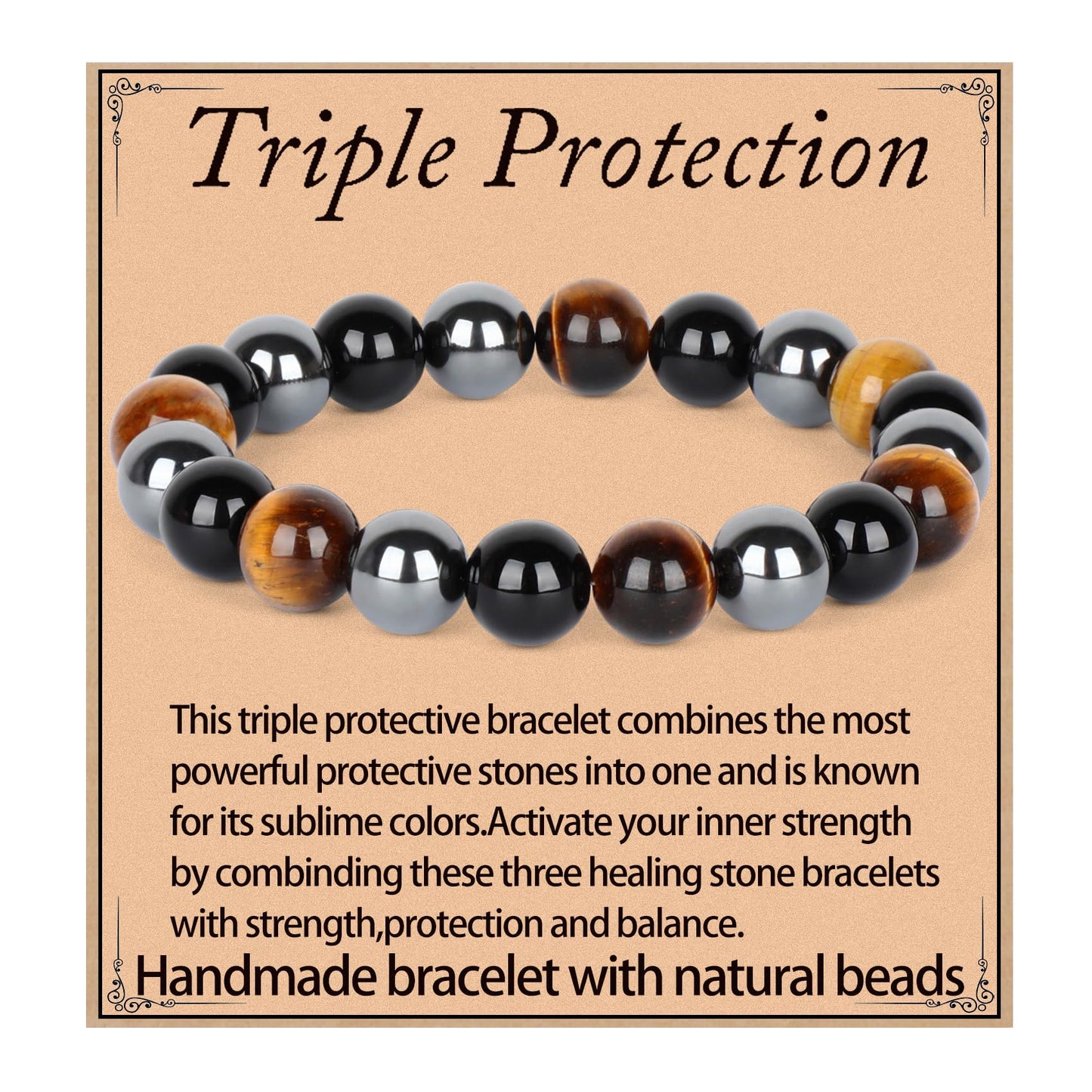 LPBeads Handmade Natural Gemstone Stretch Elastic 10mm Onyx Tiger Hematite Mixed Stone Bracelet Healing Crystal Round Stone Beads Jewelry Gifts for Women Men