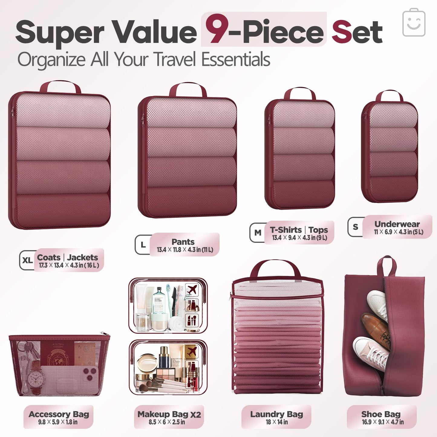 Veken 9/11 Set Compression Packing Cubes for Travel Essentials,Compressible Expandable Large Luggage Suitcase Organizer Bags for Clothing,Durable Space Saver Storage Bags with Toiletry Bags(Wine Red)