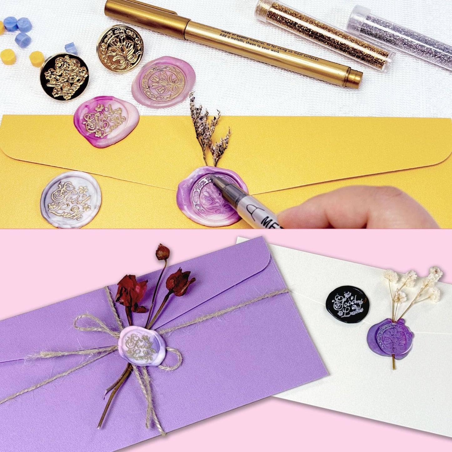 Wax Seal Kit, 24 Colors Sealing Beads, 2 Pcs Stamp,Sealing Wax Warmer, Metallic Pen, Envelope,Dried Flower,Candles for Wedding Birthday Gift and DIY Craft