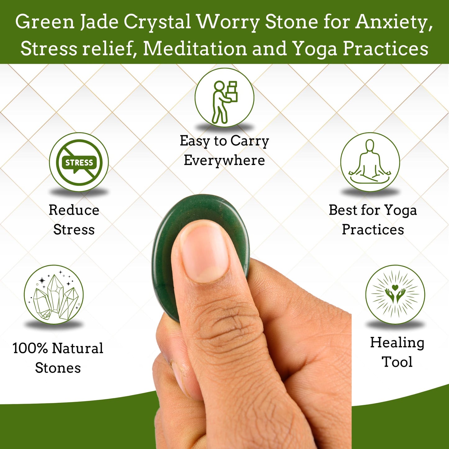 Anaya Agate Green Jade Worry Stone – Certified Crystal Thumb Stone for Anxiety & Stress Relief – Healing Crystal for Meditation, Reiki, Positive Energy & Christmas Gift for Men and Women