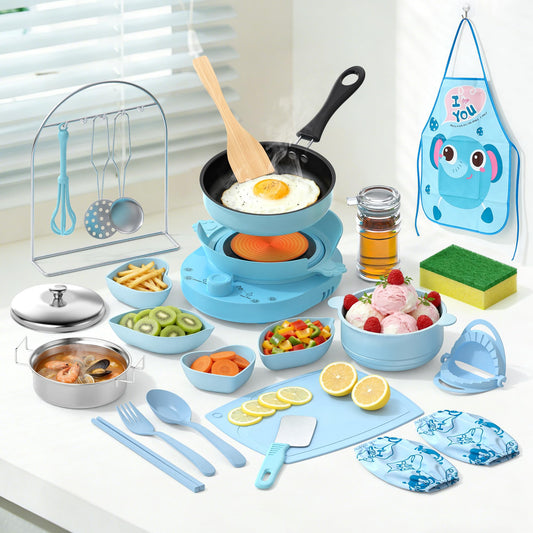 Gotoofun Kids Cooking Set Real for Beginners, 28PCS Mini Kitchen Starter Set with Anti-Slip Safety Guard, Easy Cooking Toys for Boys Girls Ages 8-12, Blue