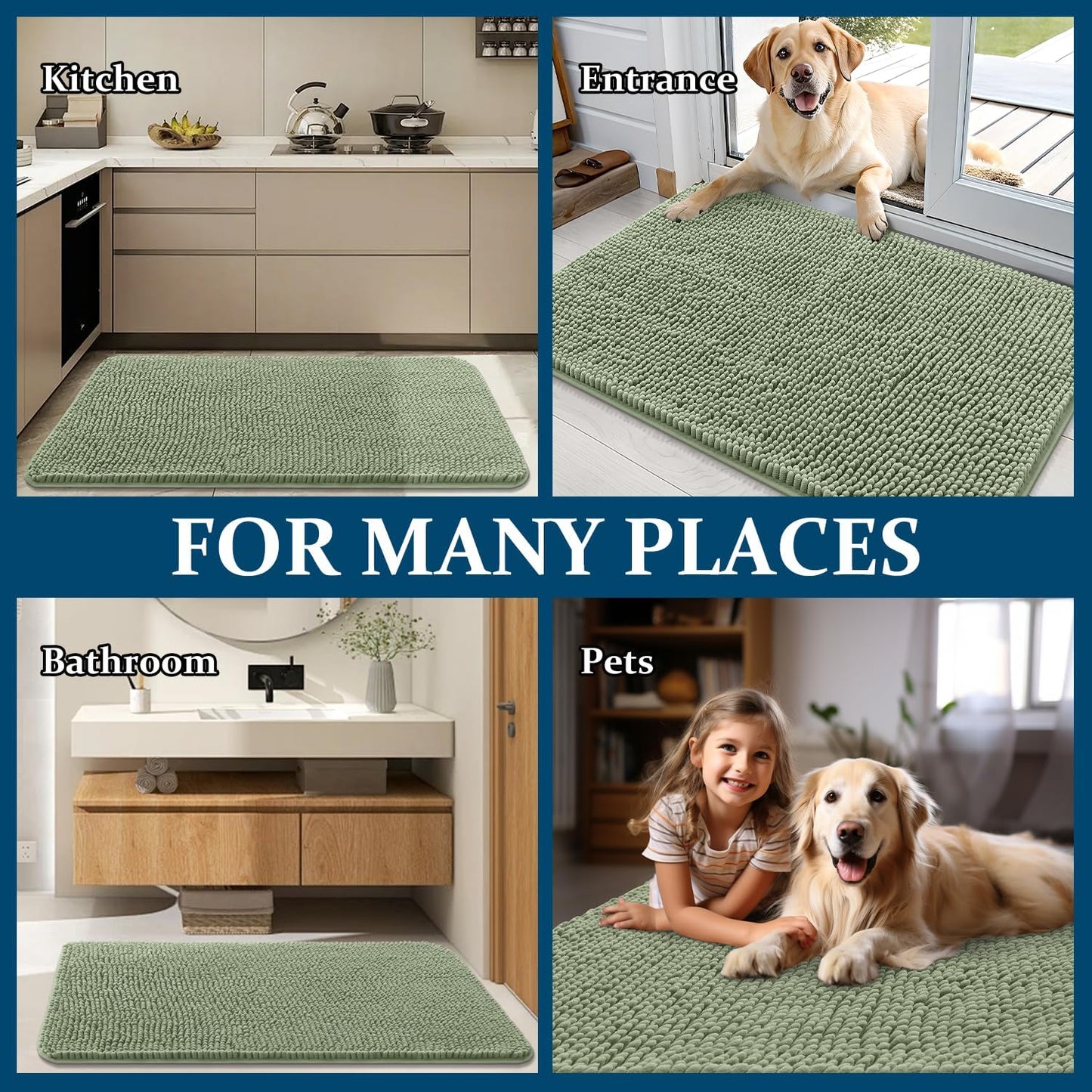 OLANLY Dog Door Mat - Absorbent Non-Slip Chenille Mat for Muddy Paws | 40x24 Sage Green, Quick Dry