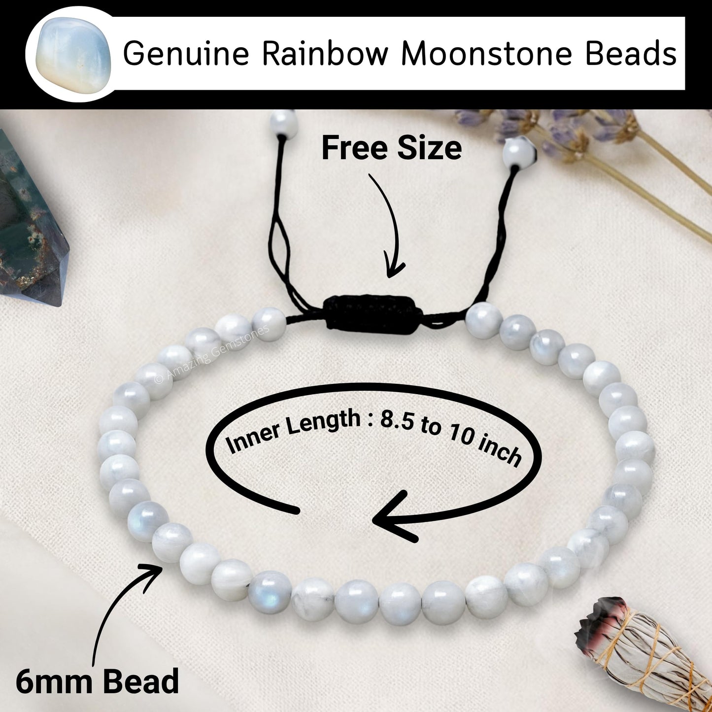 Amazing Gemstone Rainbow Moonstone Anklet Ankle Bracelets for Women - Waterproof Beaded Healing Crystal Anklets, Plus Size Chakra Gemstone Bead Anklet (Stretchy Adjustable - Plain)